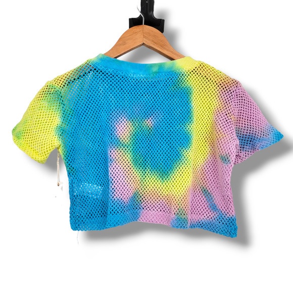 NEW Forever 21 Girls Tie Dye Fishnet Jersey Sheer Cropped Blue Top‎ Size 9/10 - Picture 2 of 8